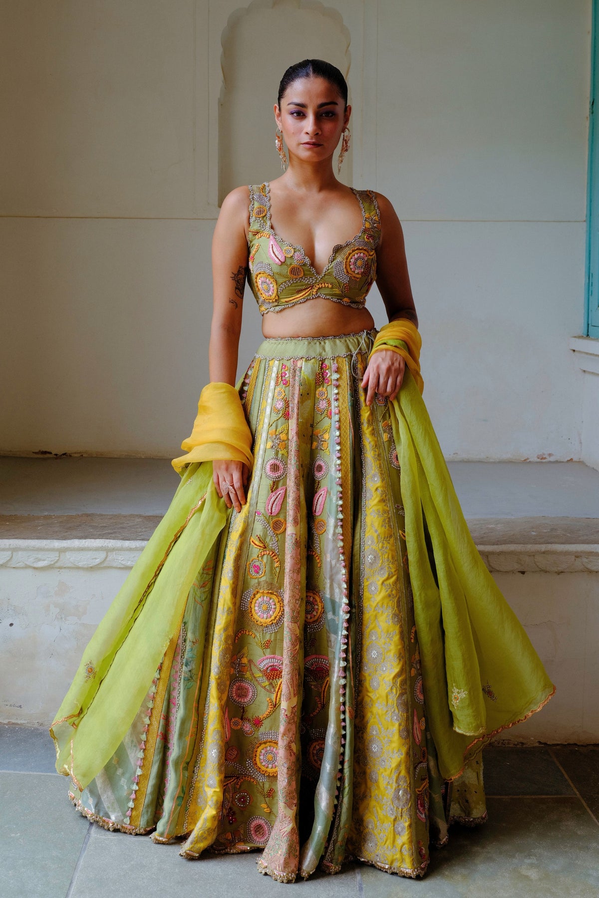 Green Floral Silk Lehenga Set