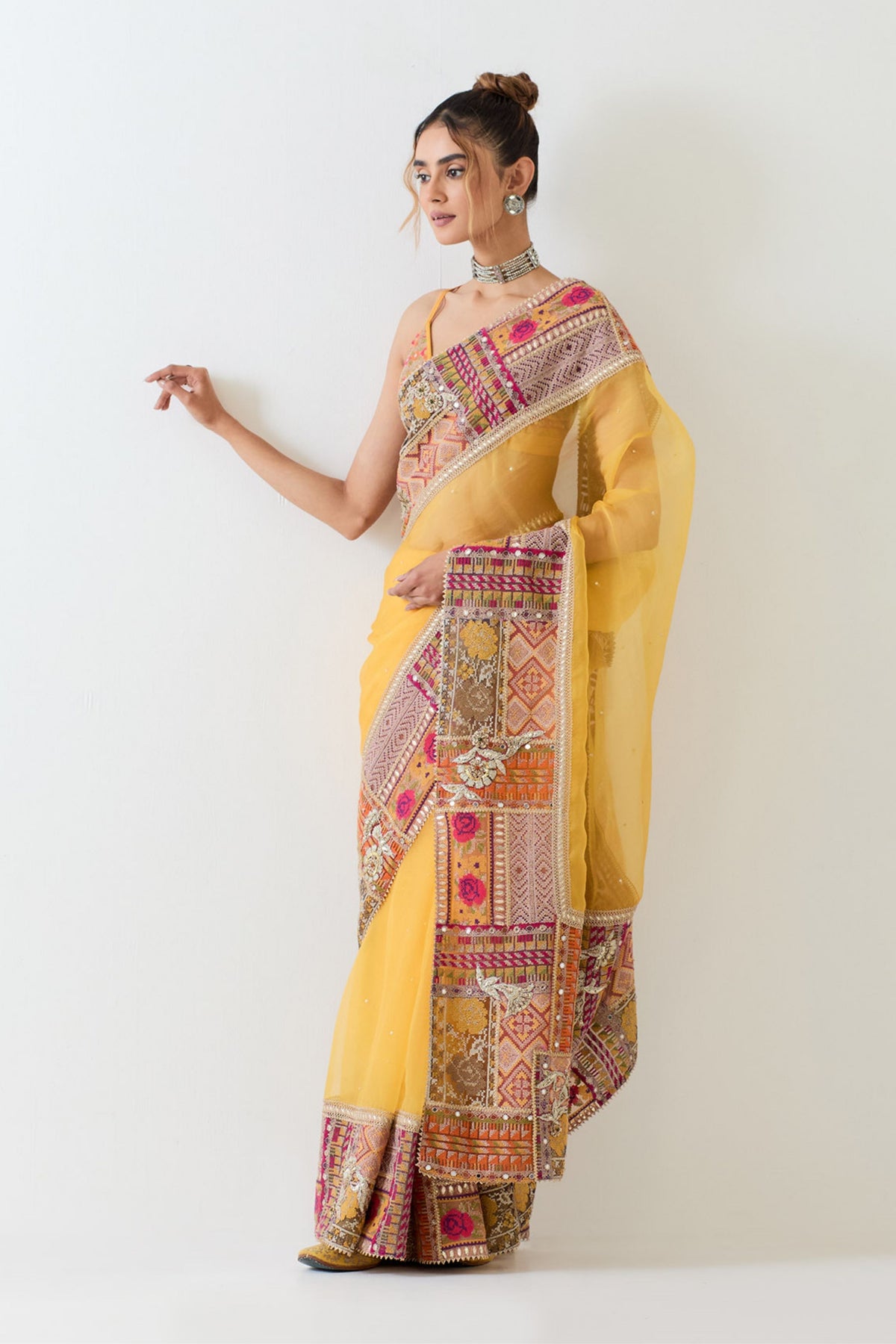 Mustard Yellow Patch Work Saree Set