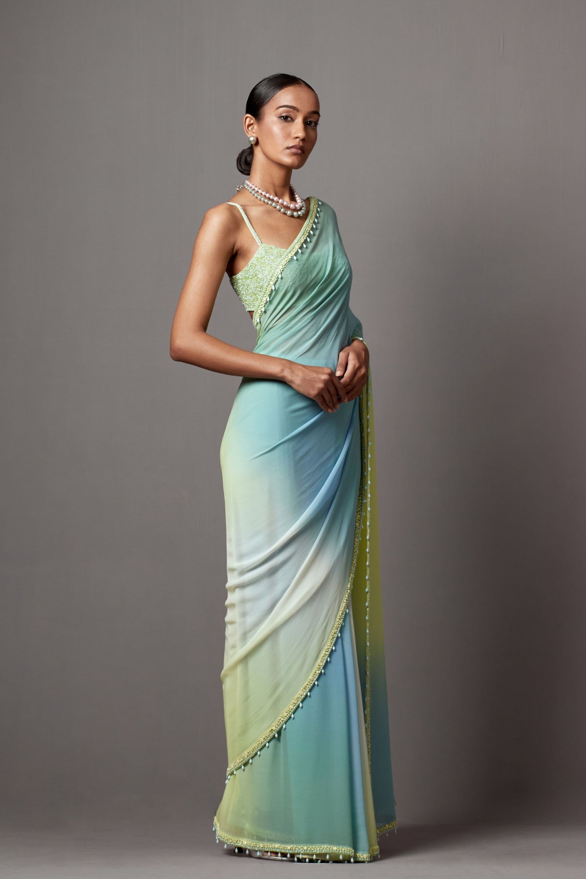 Ombre Blue Green Saree Set