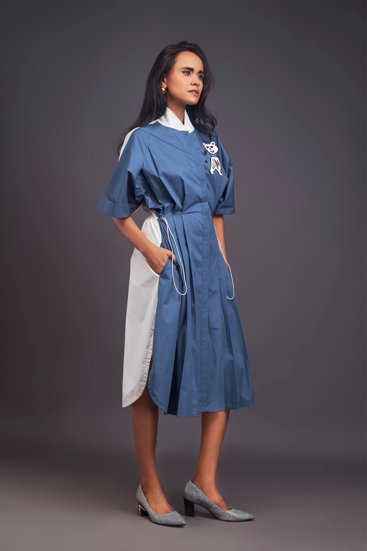 Blue and White Pleated Shirt Dress