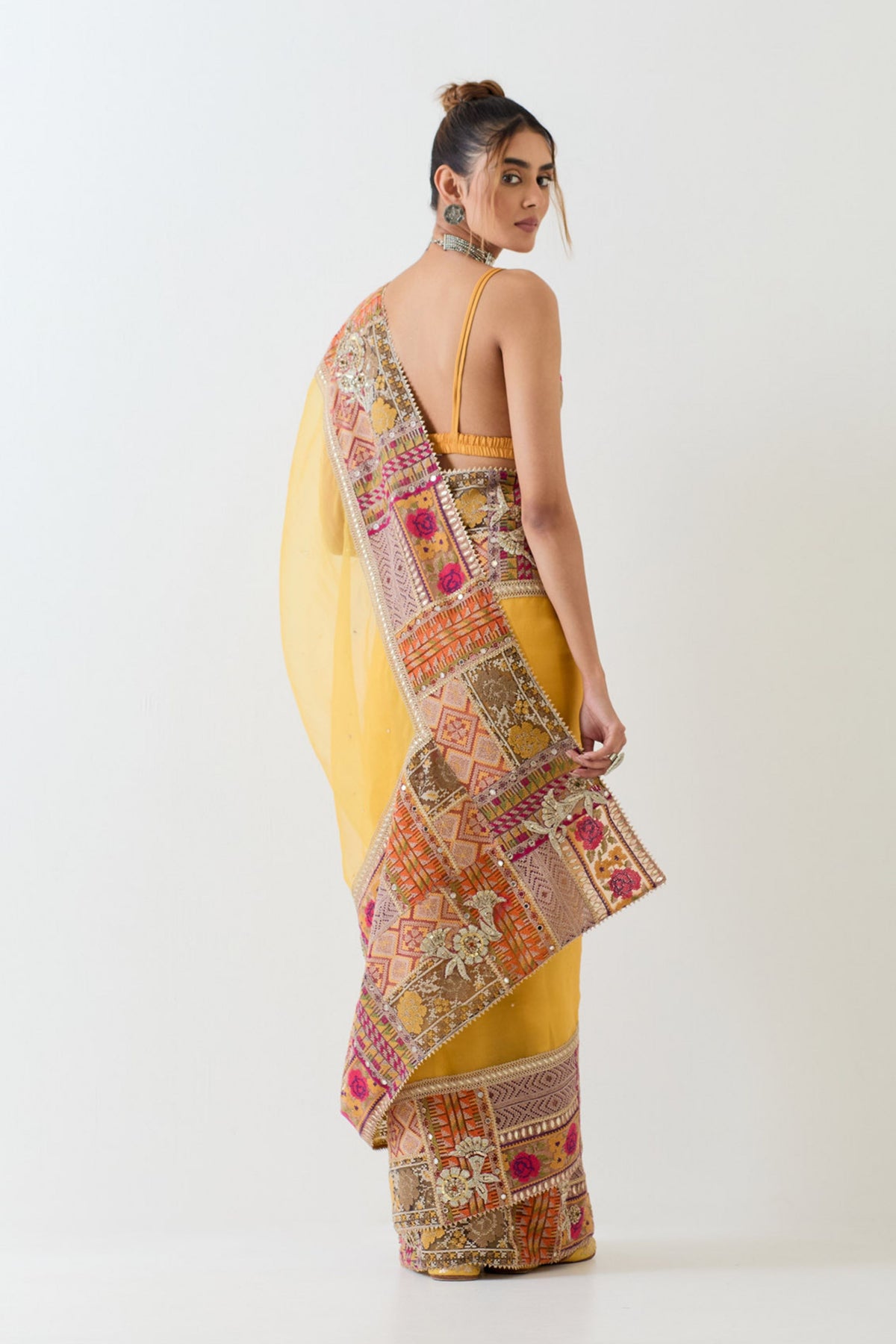 Mustard Yellow Patch Work Saree Set