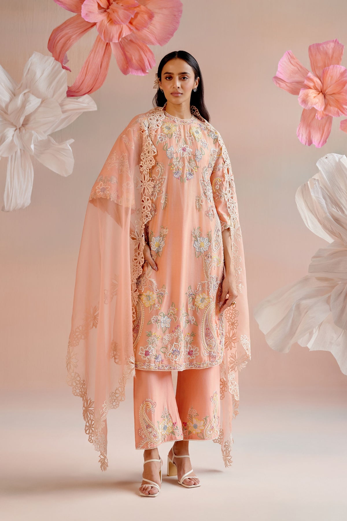 Apricot Contrast Embroidered Kurta Set