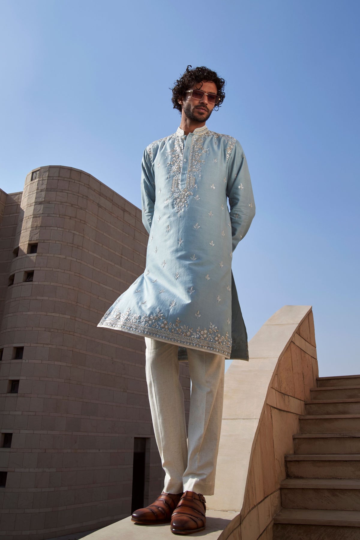 Powder Blue Geometric Creeper Kurta