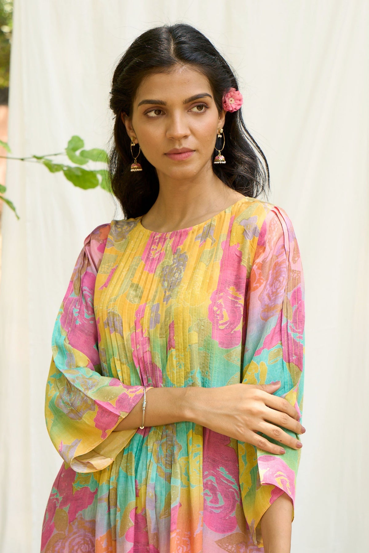 Pleated  Kurta Set With Floral Print