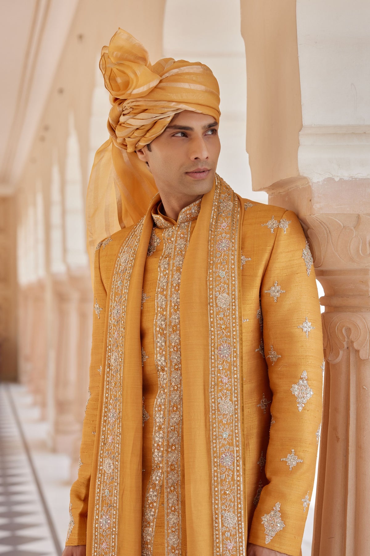 Orange Peel Embroidered Sherwani Set