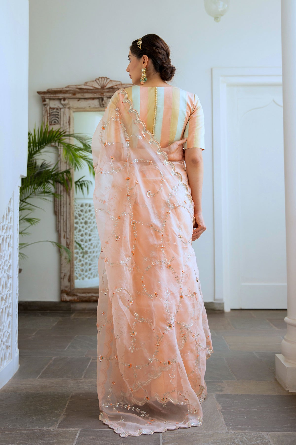 Peach Jaal Saree Set