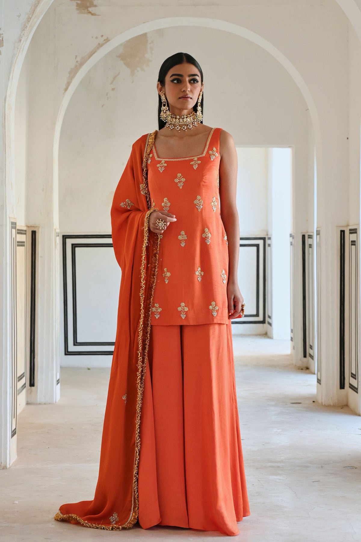 Orange Embroidered Kurta Set