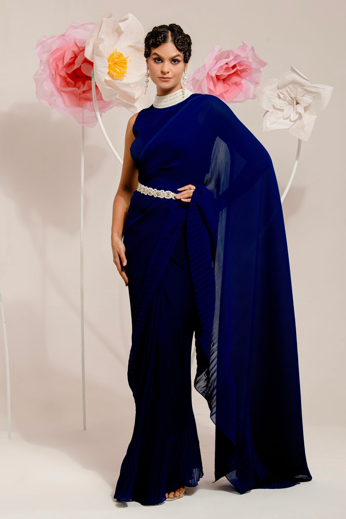 Pre-draped Navy Blue Saree