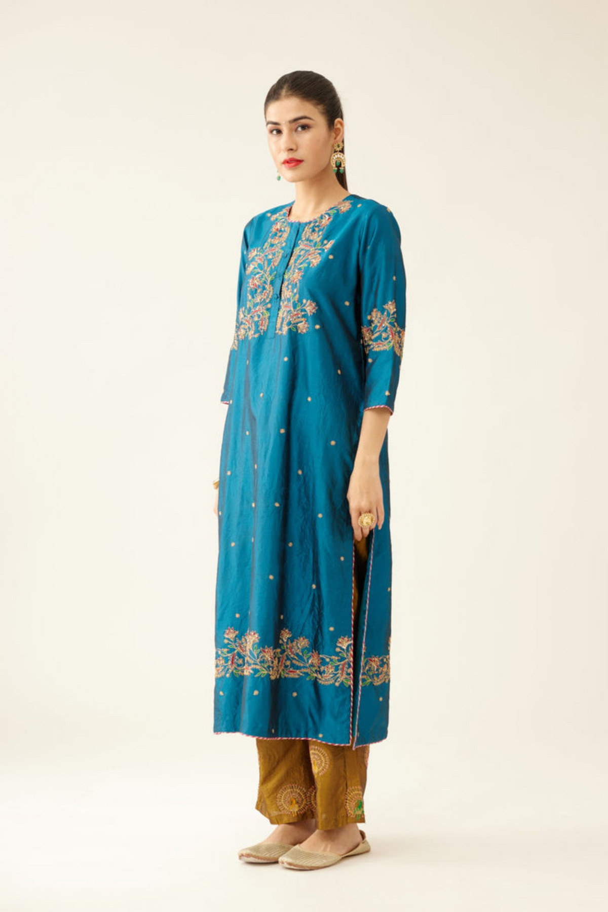 Dark Teal Straight Silk Kurta Set