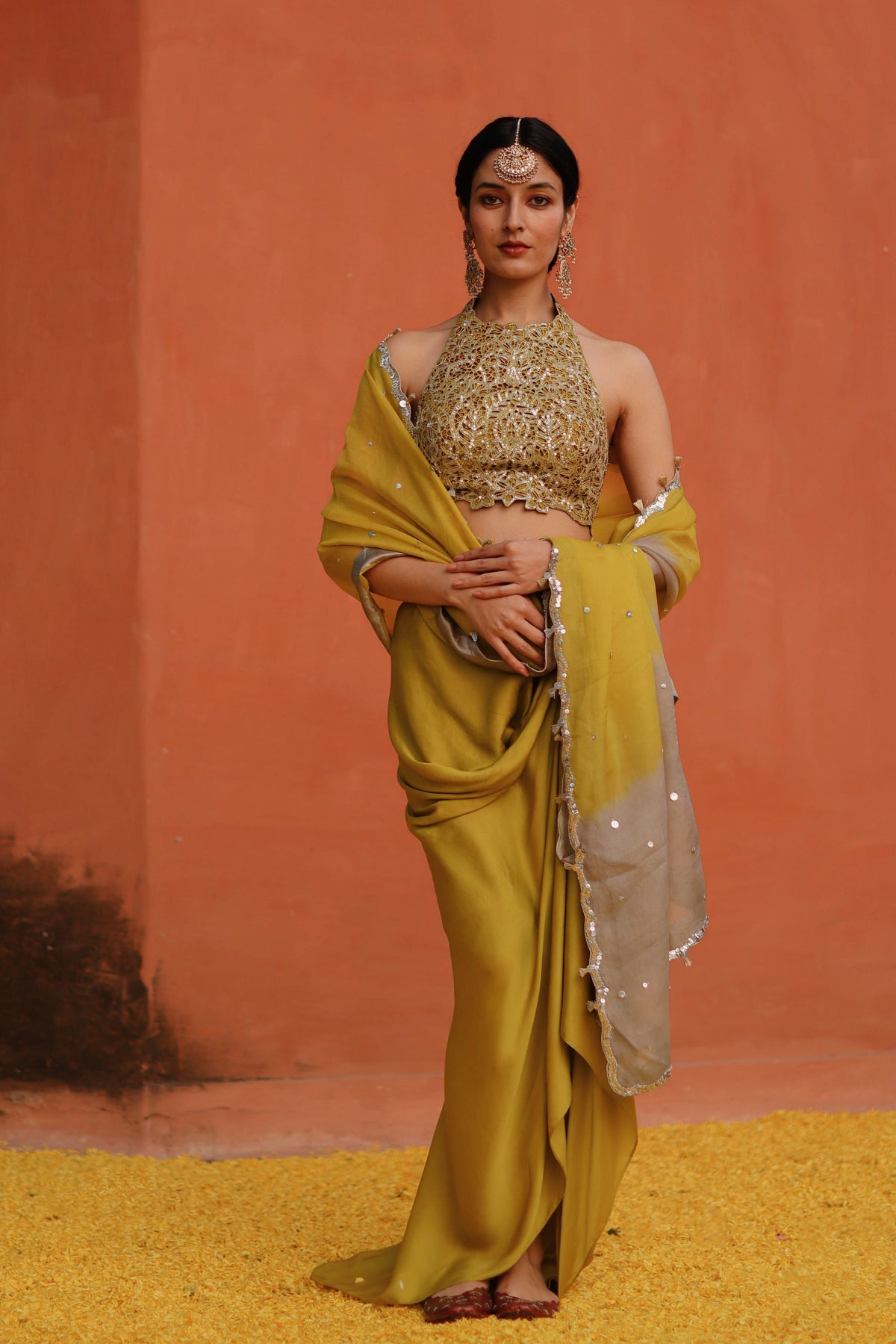 Mustard Kurta With Drape Skirt