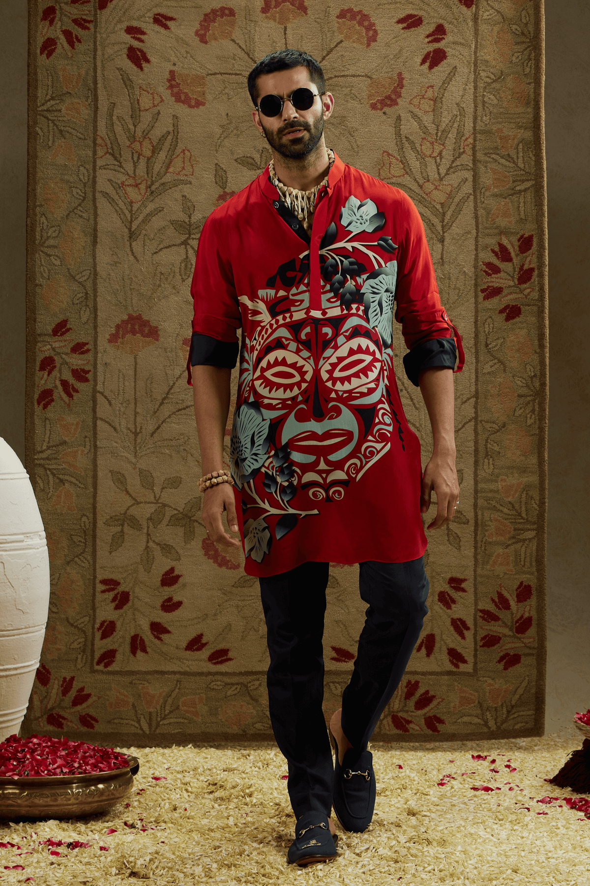 Red Rolled up Sleeves Kurta