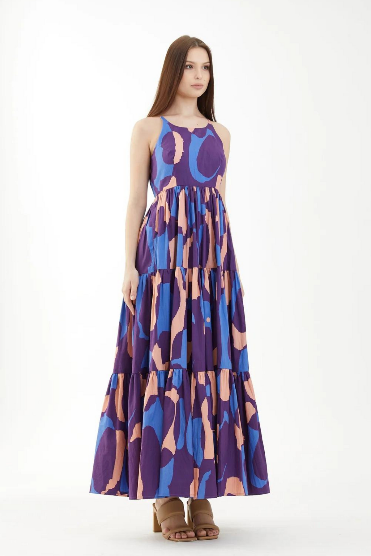 Blue, Orange And Indigo Sleeveless Three Tier Dress