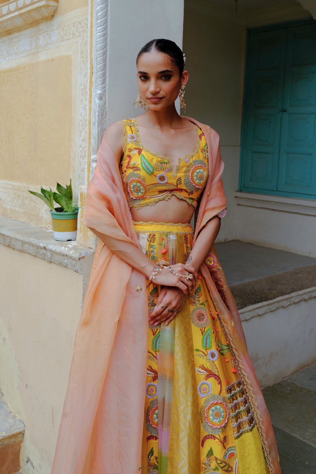 Yellow Floral Silk Lehenga Set