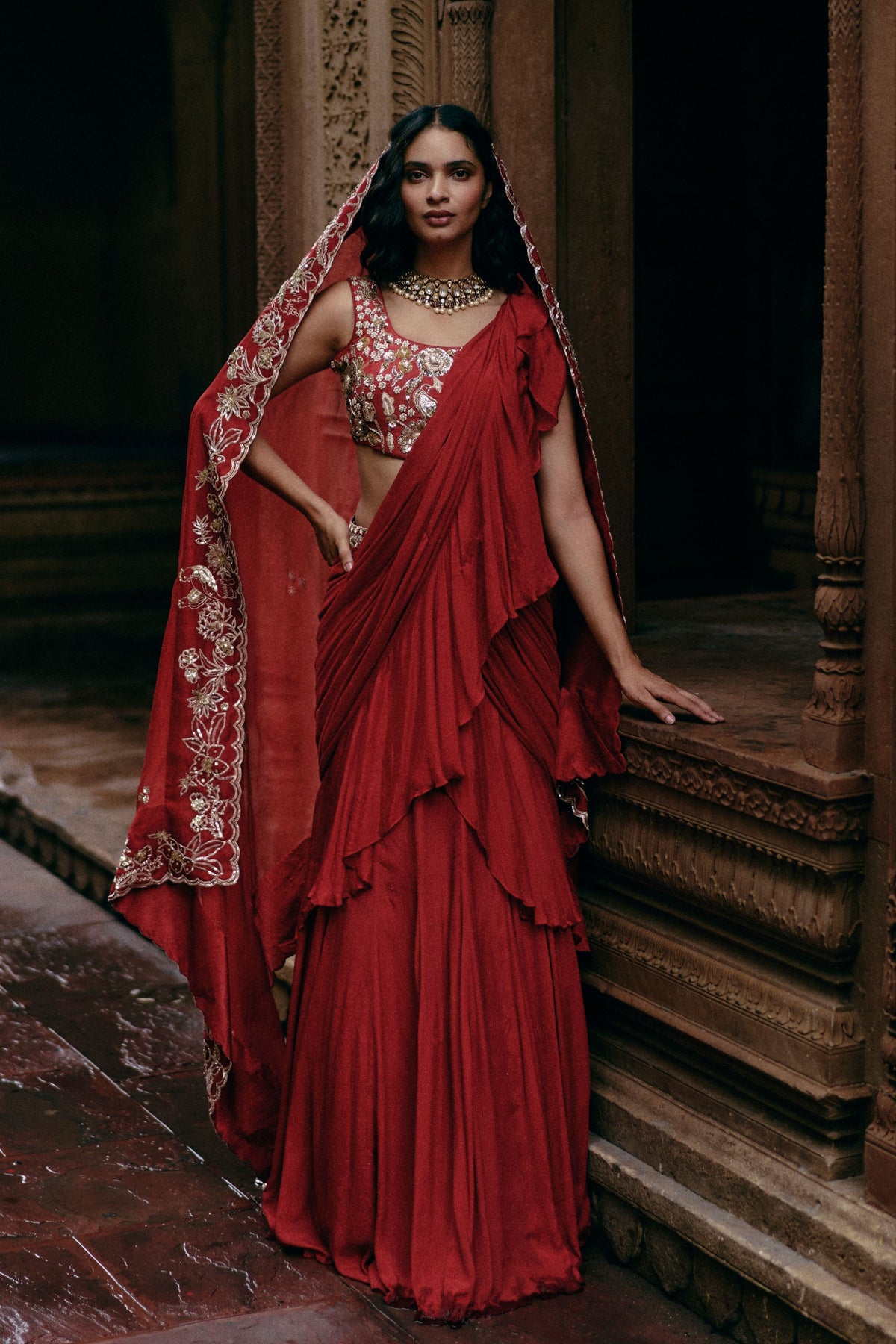 Crimson Red Chiffon Saree Set