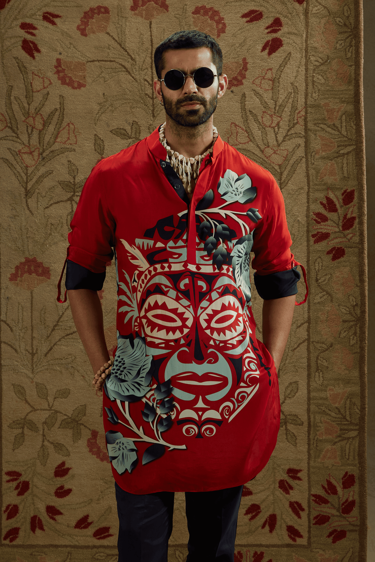 Red Rolled up Sleeves Kurta