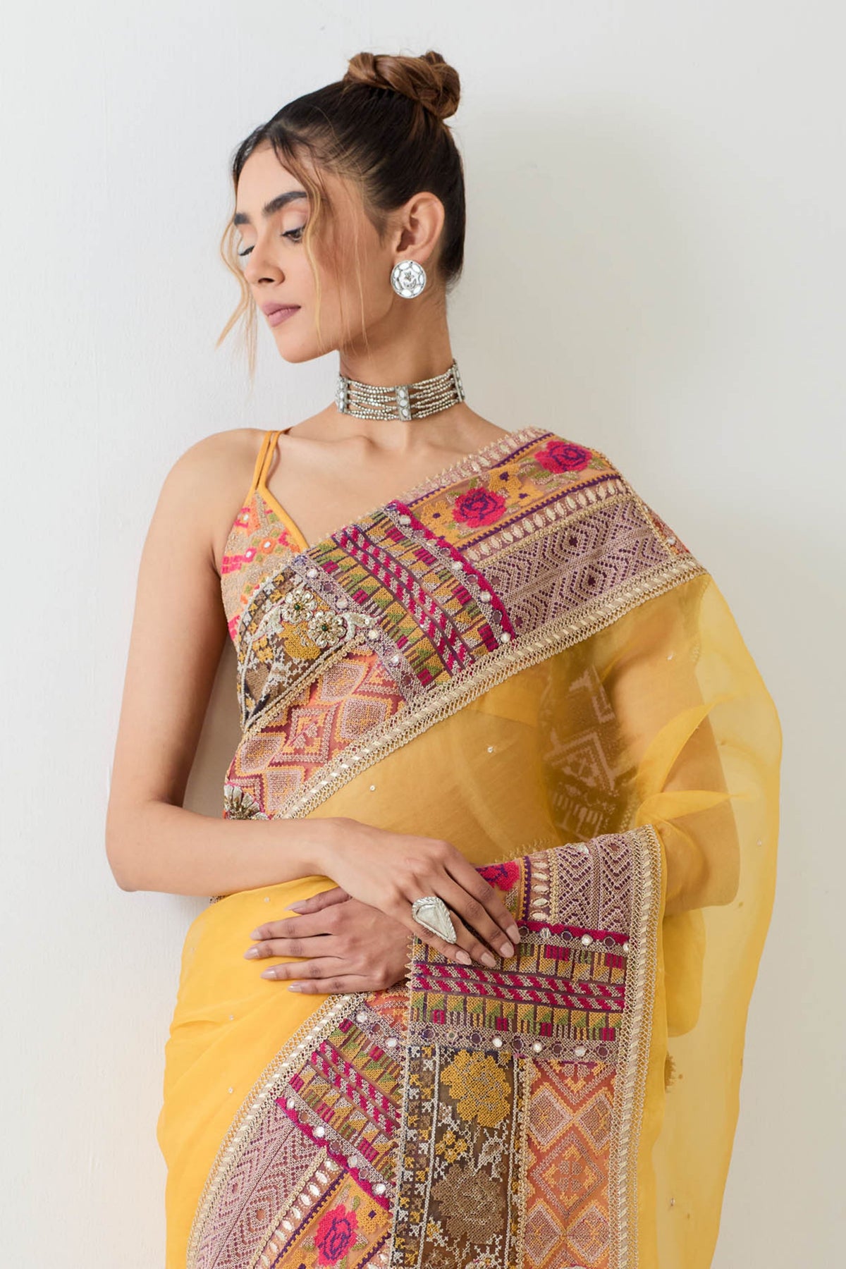 Mustard Yellow Patch Work Saree Set