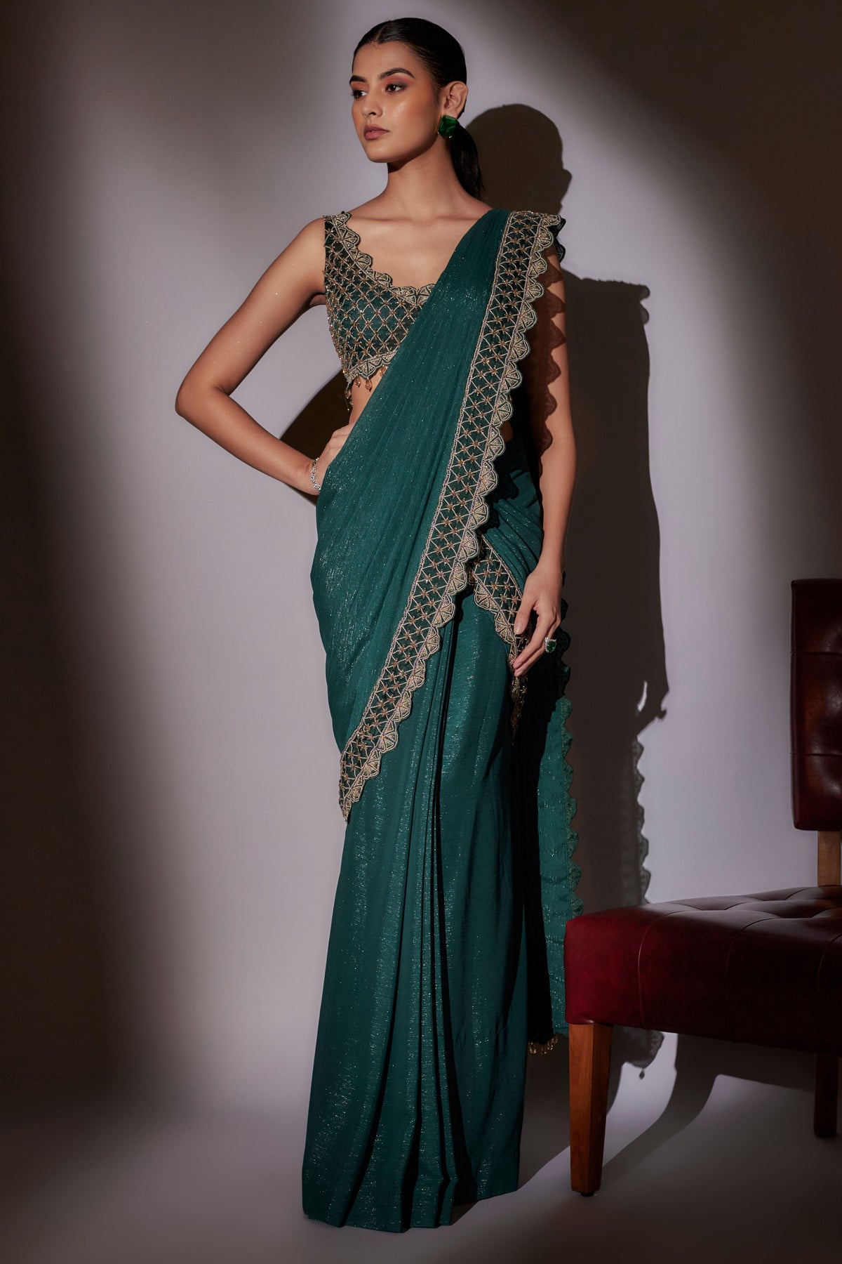 Green Pre-Draped Saree Set