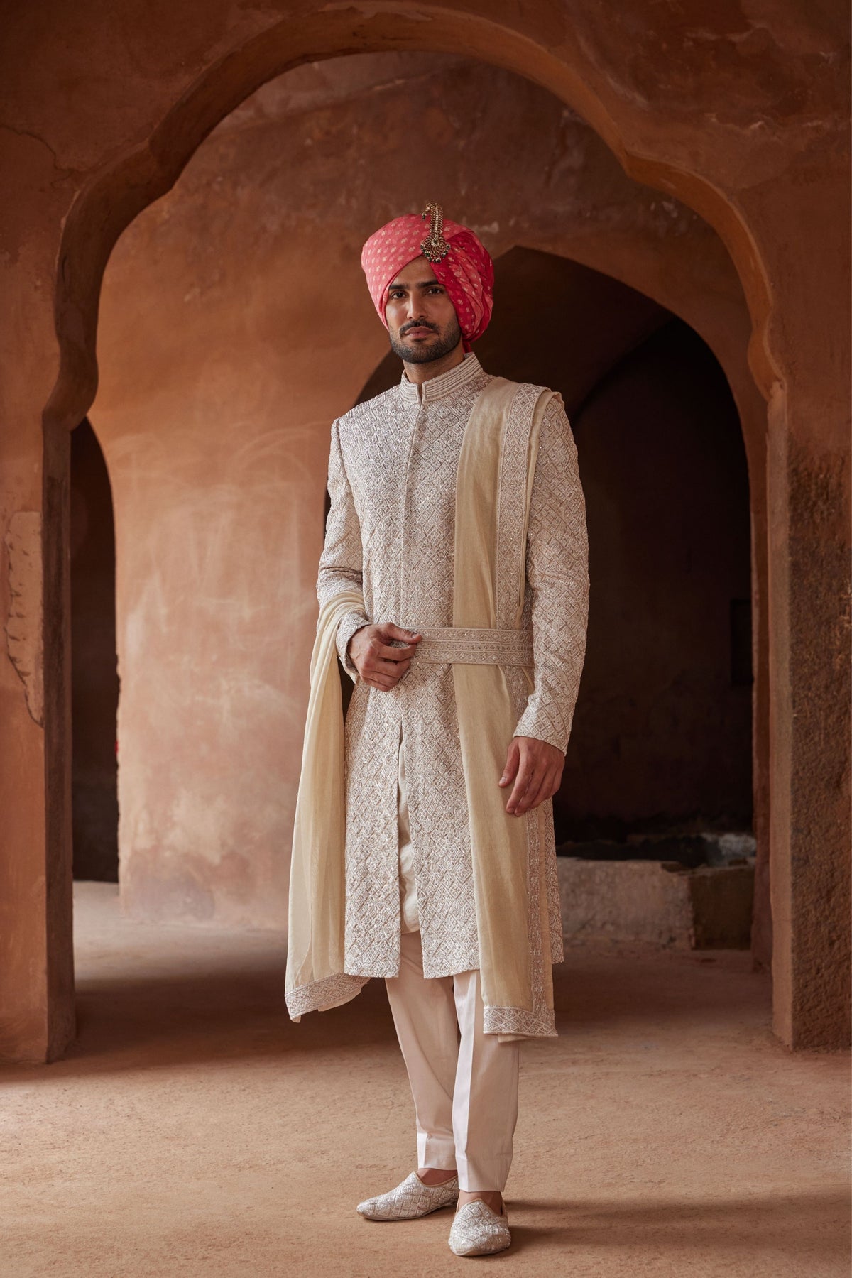 Mushroom Raw Silk Embroidered Sherwani Set