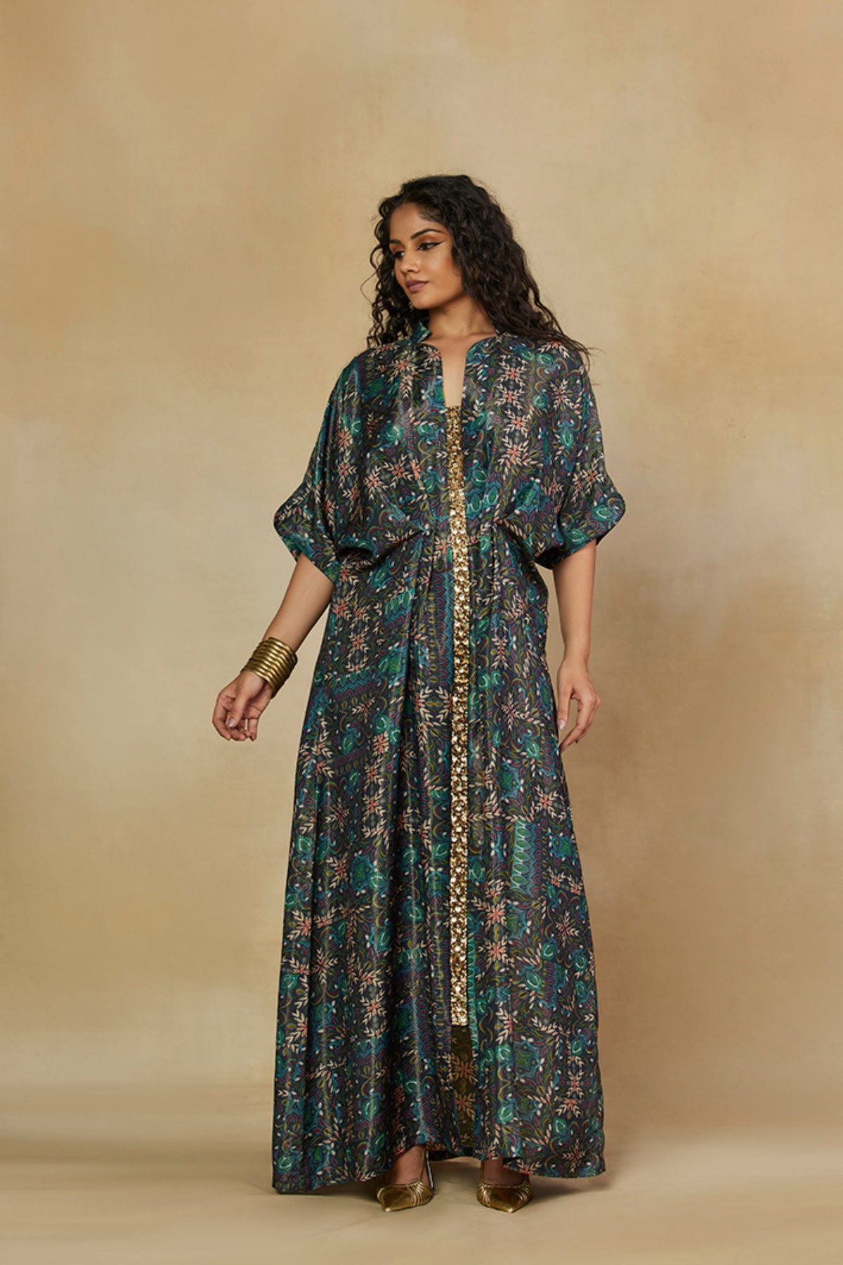 Printed Kaftan Dress with Mirror Work