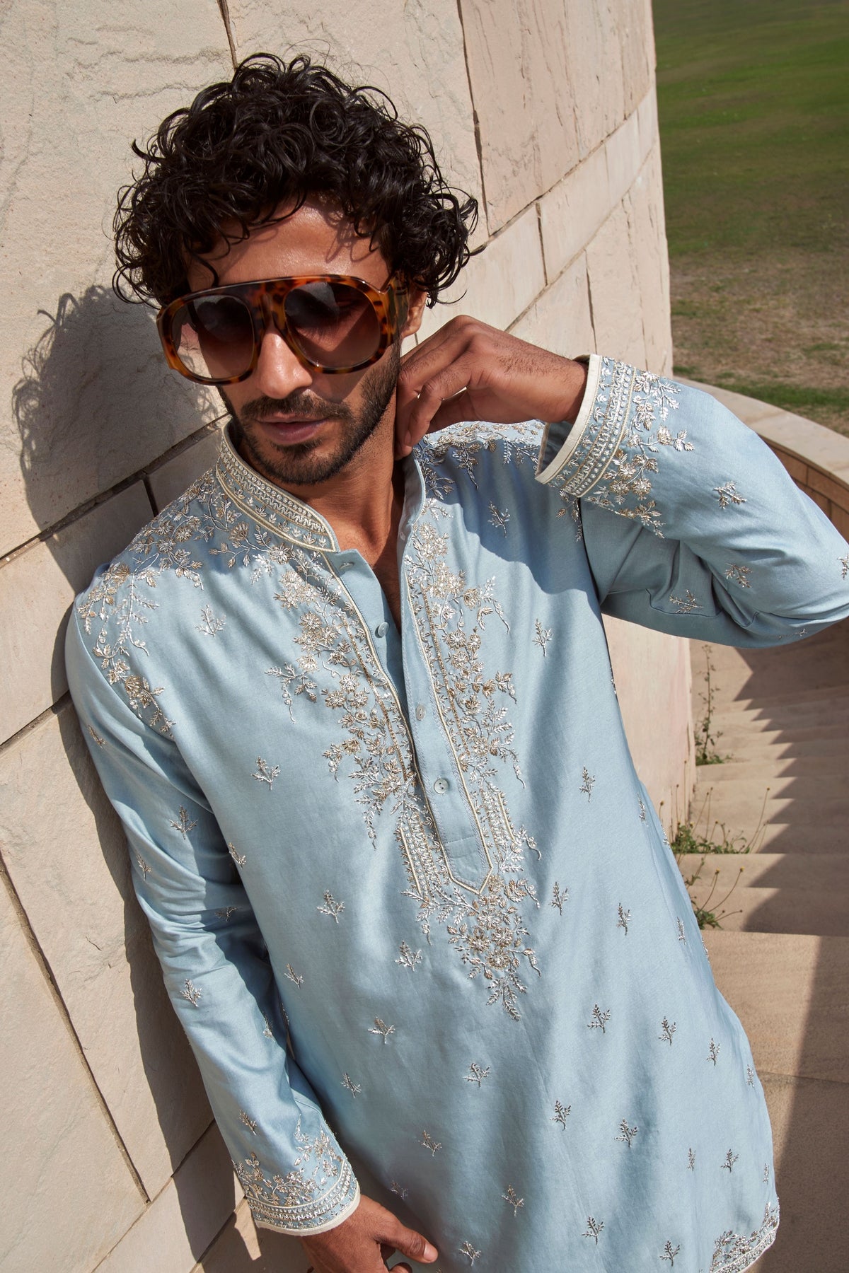 Powder Blue Geometric Creeper Kurta