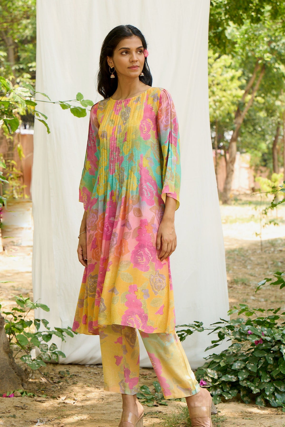 Pleated  Kurta Set With Floral Print