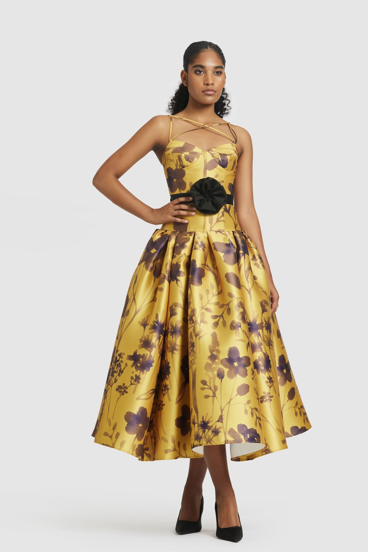 Mustard Corseted Midi Dress