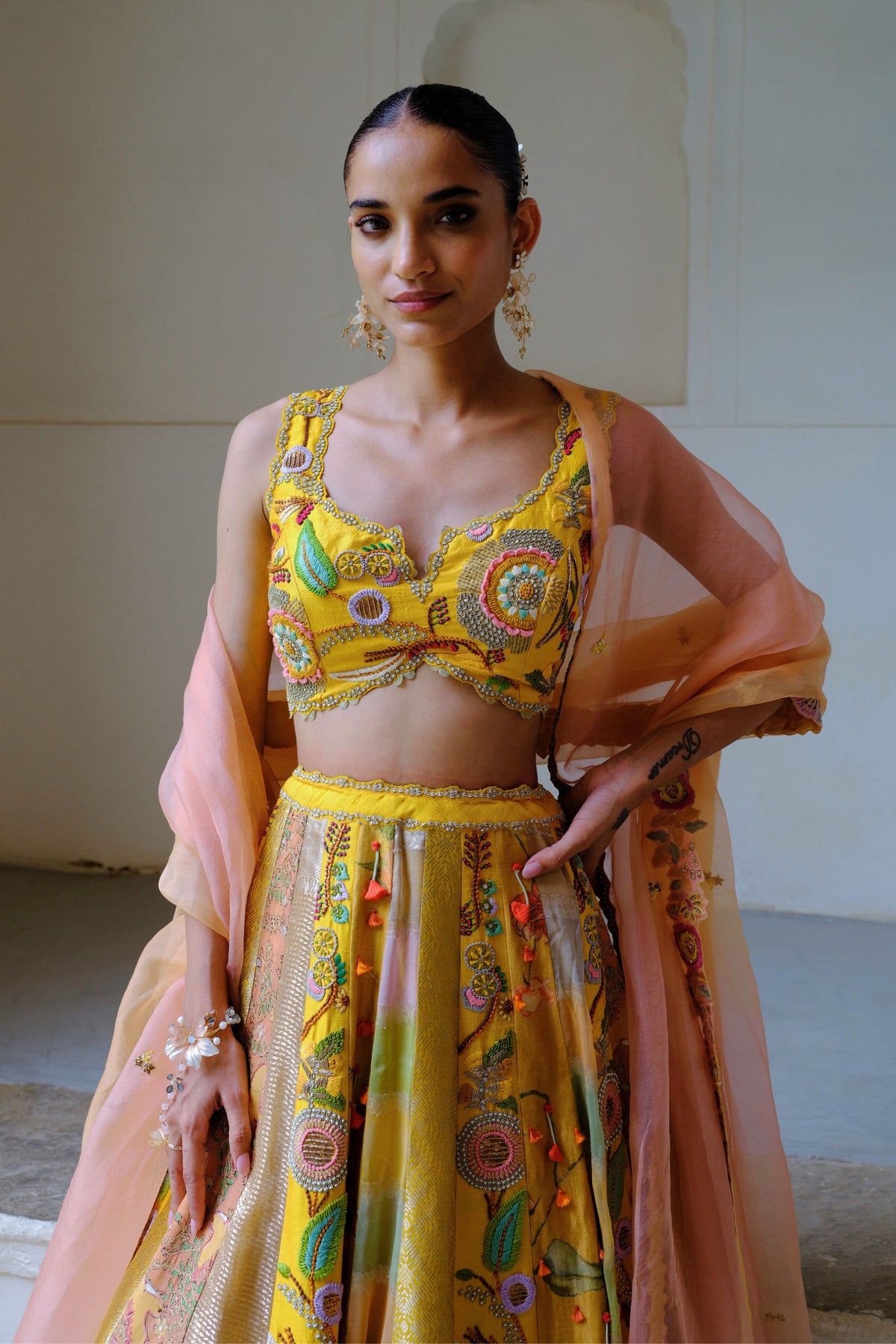 Yellow Floral Silk Lehenga Set