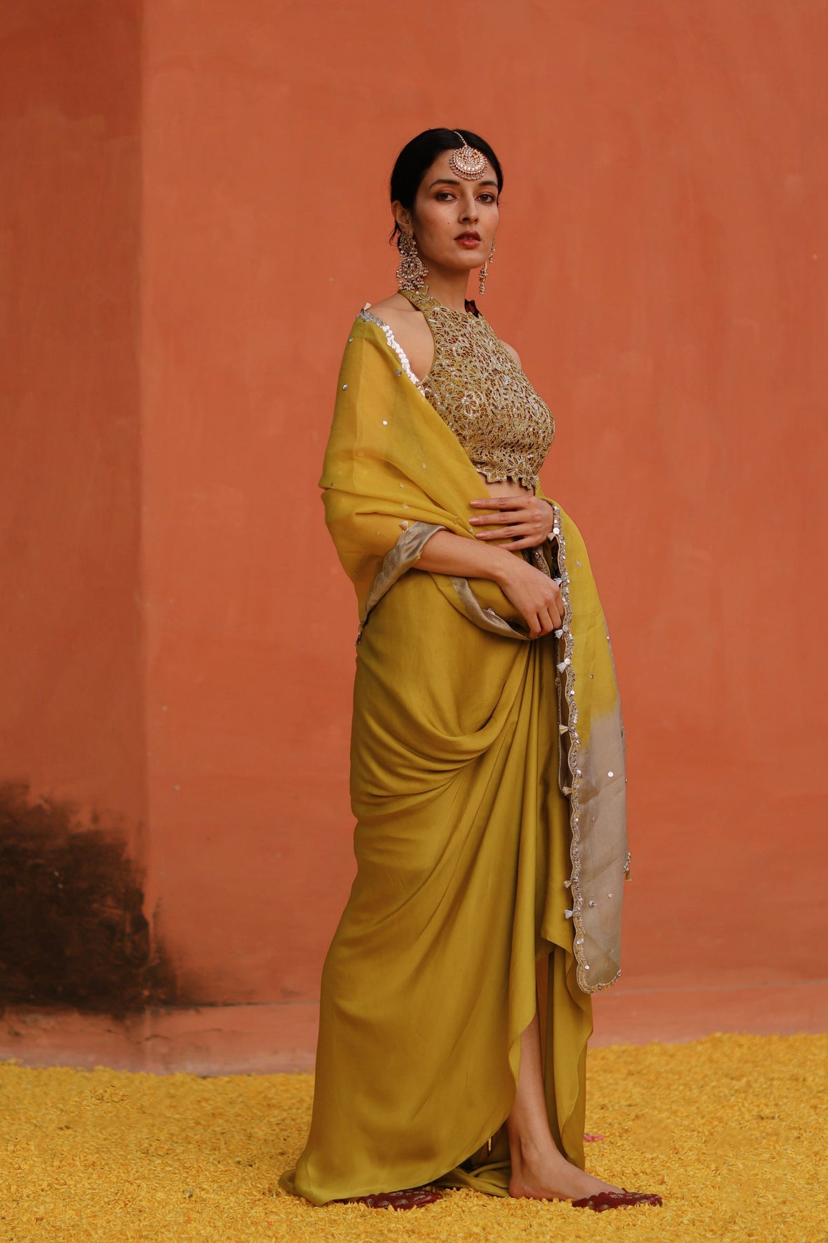 Mustard Kurta With Drape Skirt