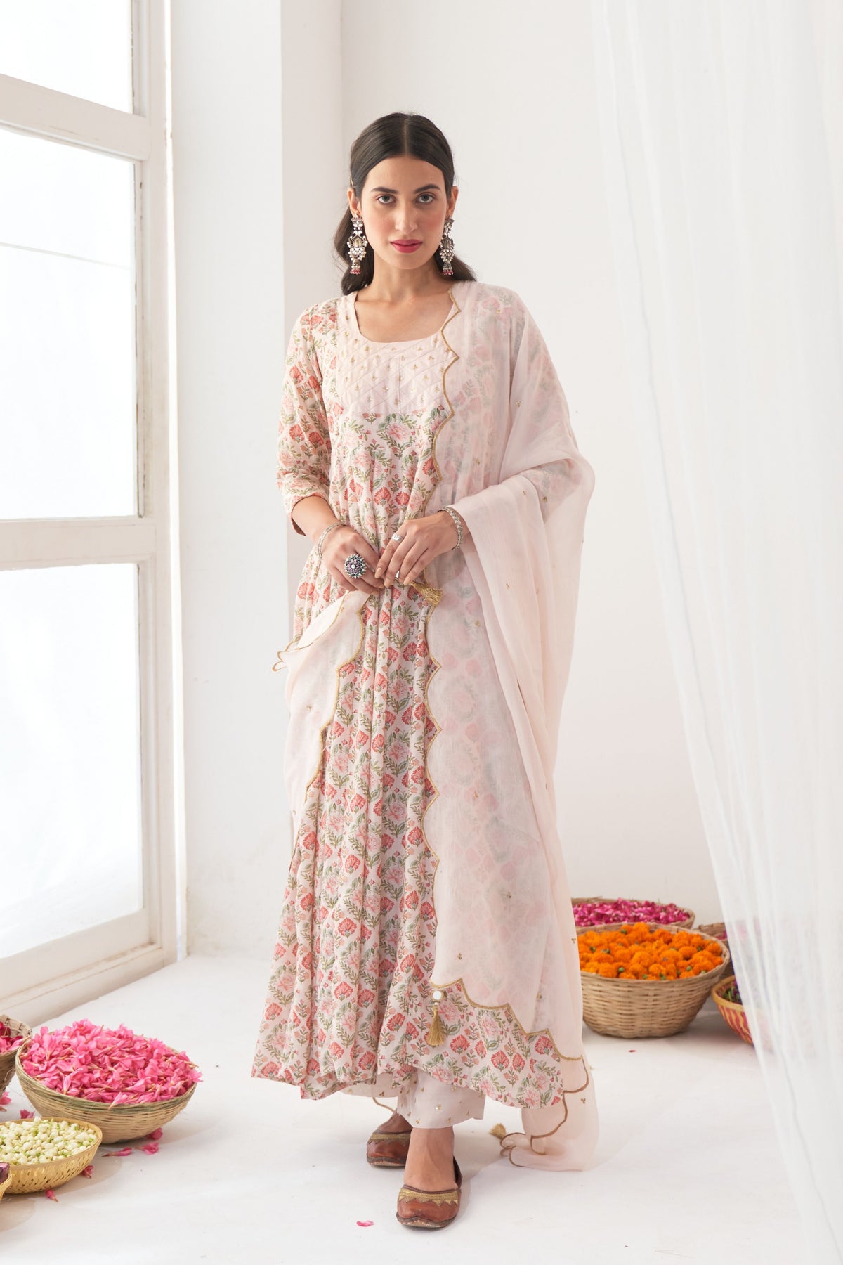 Ivory Peony Embroidered Anarkali Set