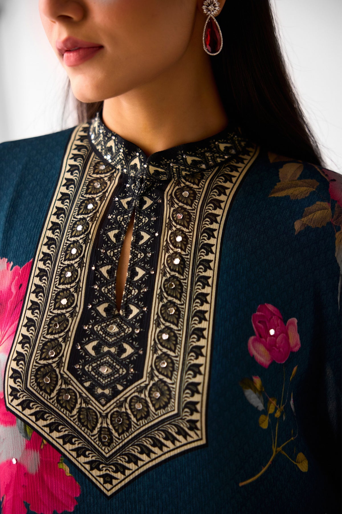 Teal Mirror Work Chinon Sharara Set