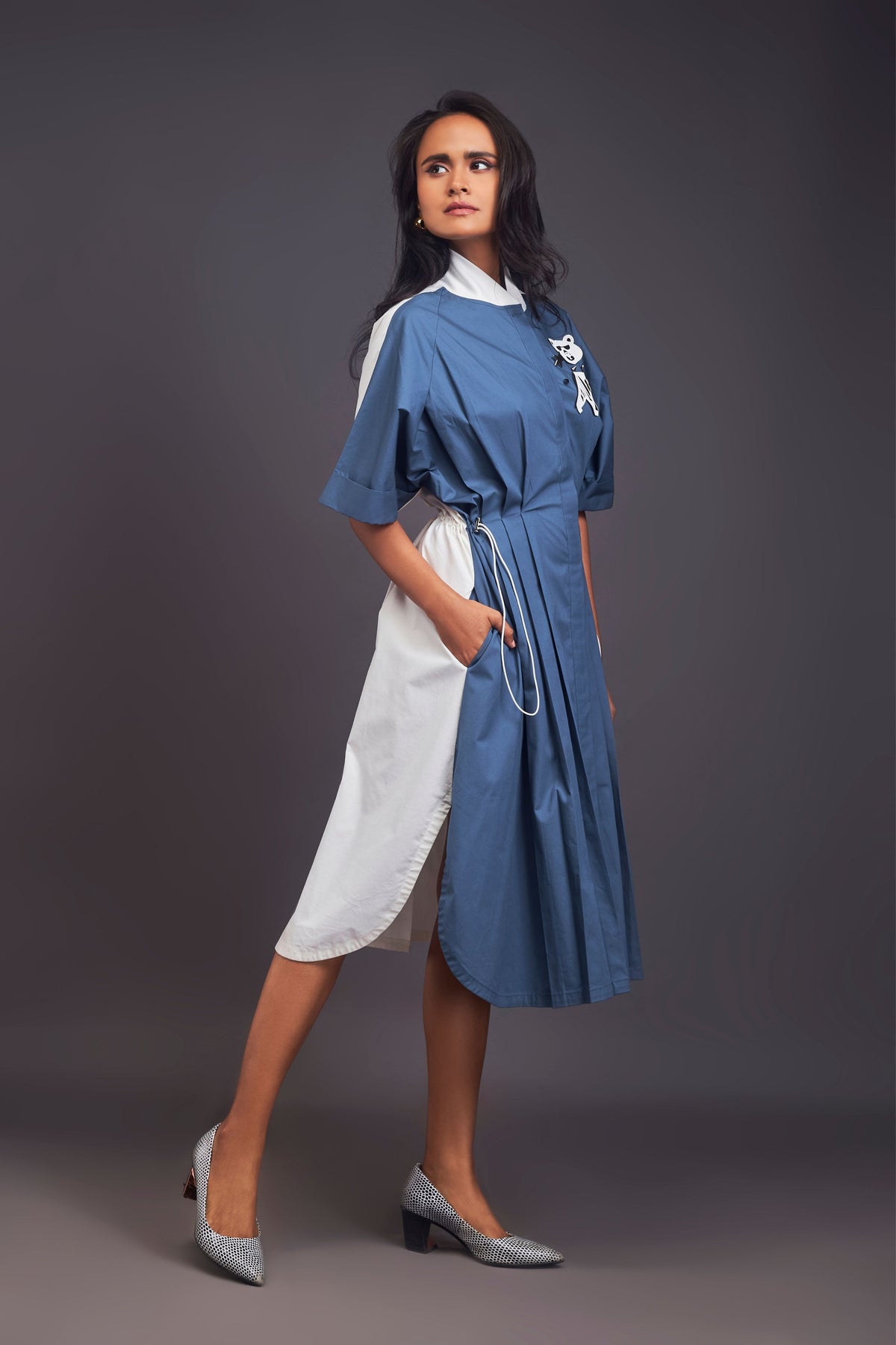 Blue and White Pleated Shirt Dress