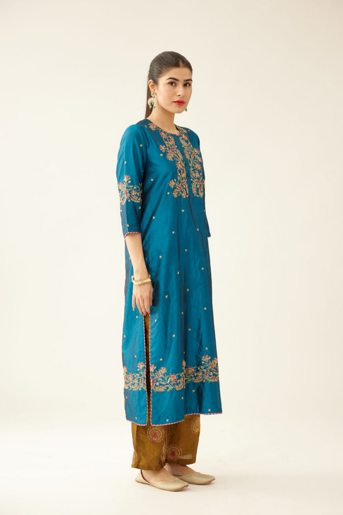 Dark Teal Straight Silk Kurta Set