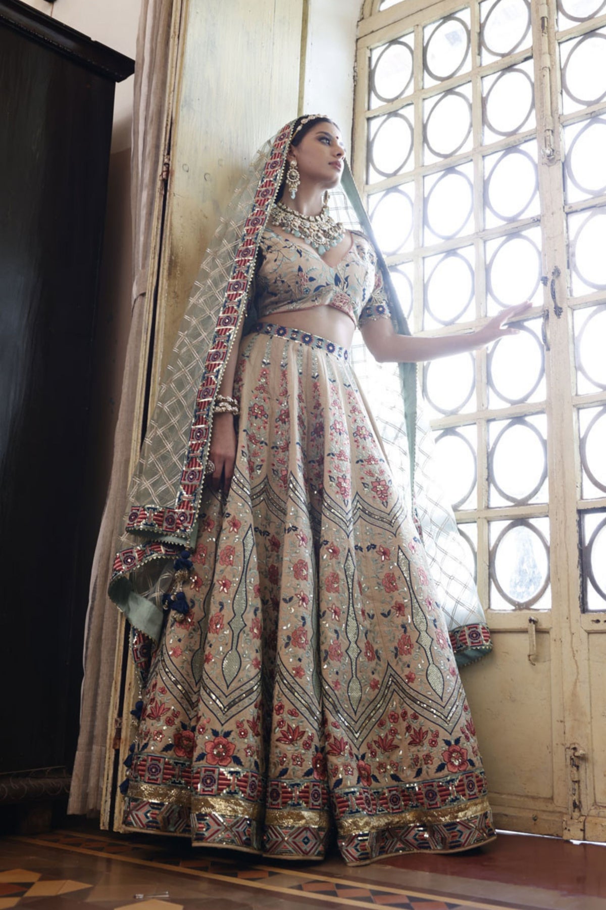 Beige Lehenga with Beige Choli and Sage Dupatta