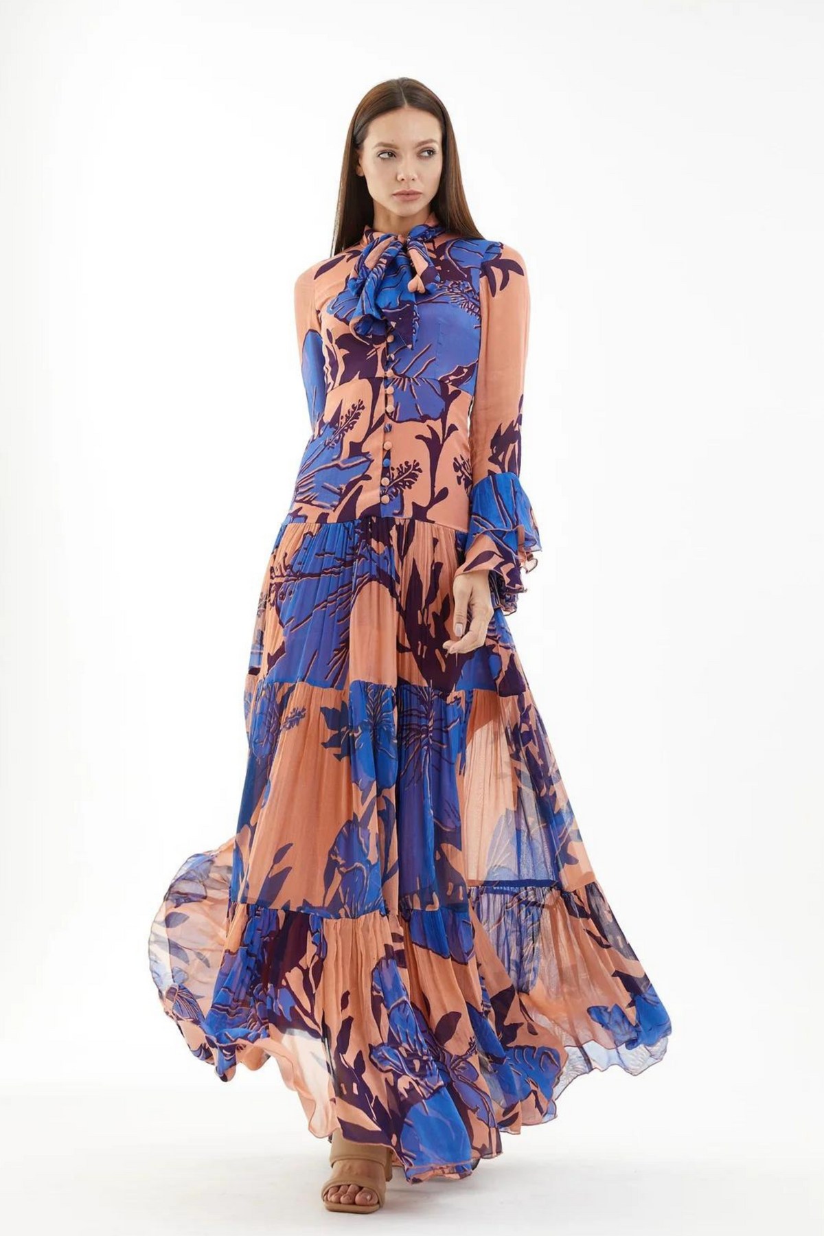 Blue And Orange Floral Long Dress