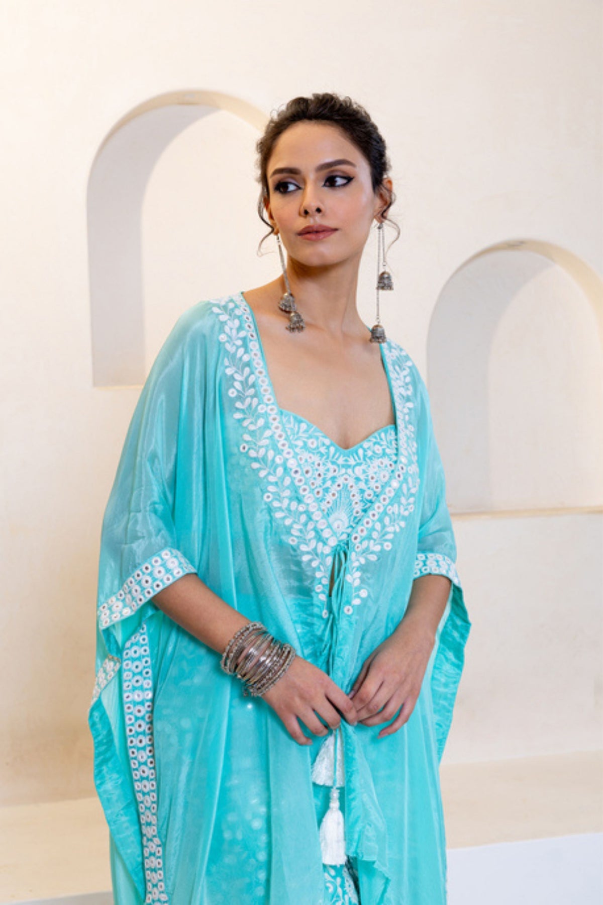 Aqua Kaftan With Bustier Set