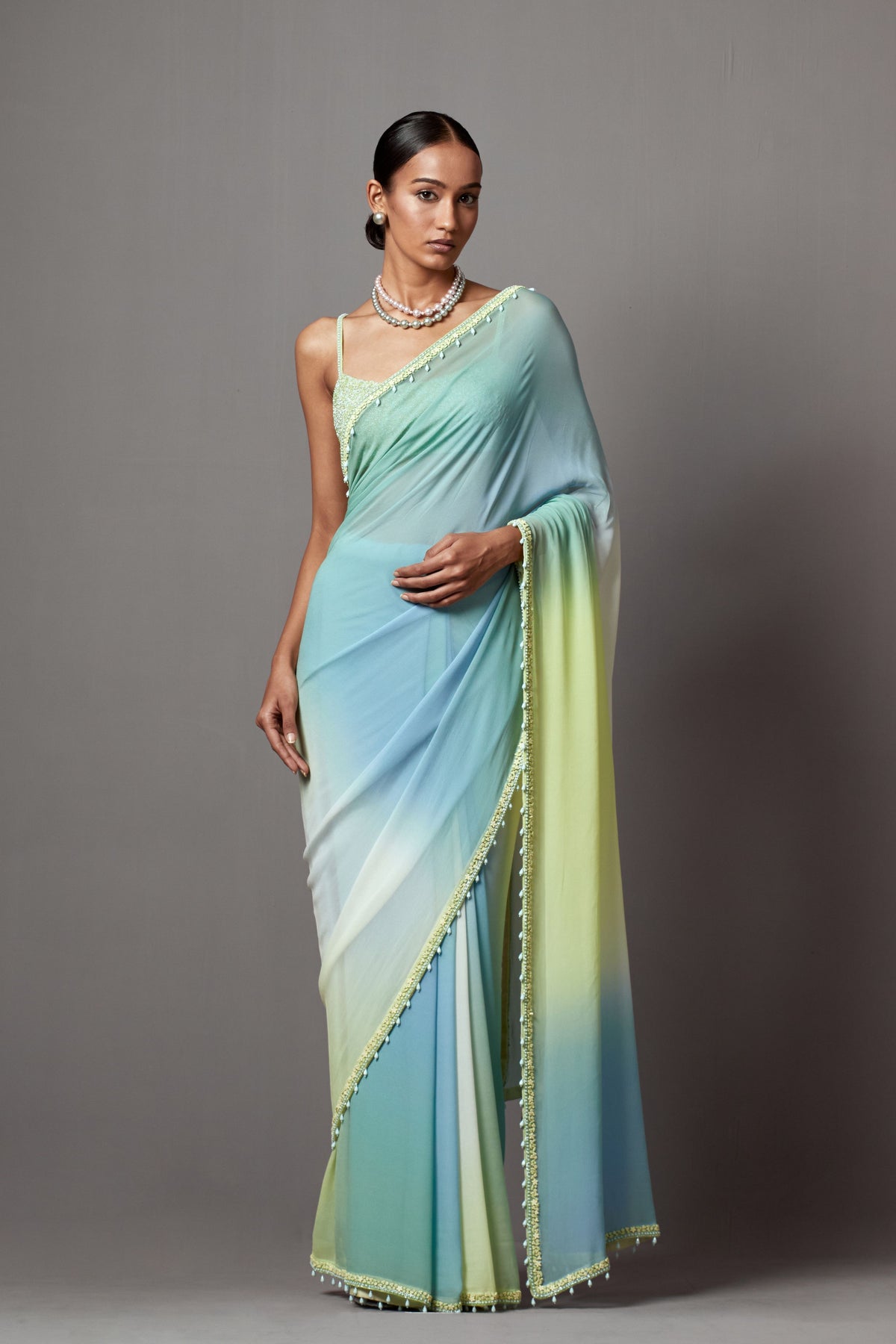 Ombre Blue Green Saree Set