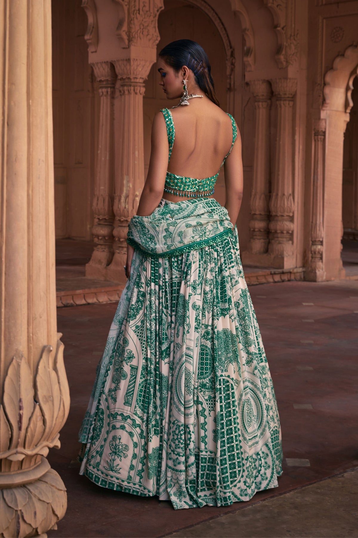 Green Grid Print Lehenga Set