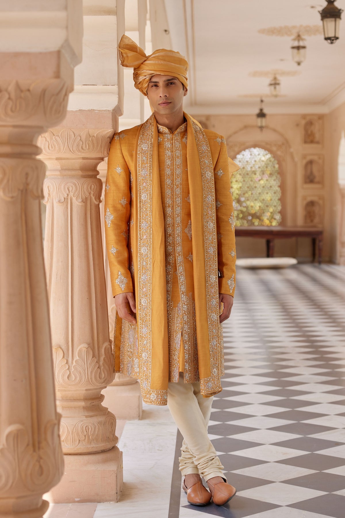 Orange Peel Embroidered Sherwani Set