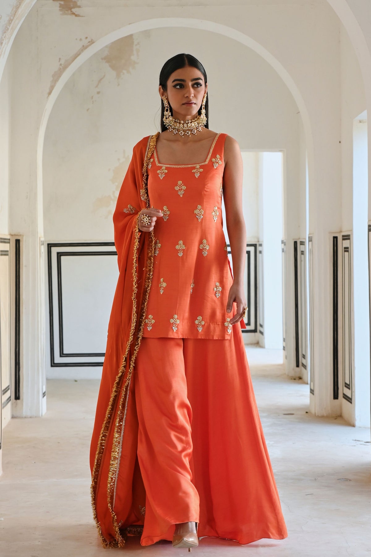 Orange Embroidered Kurta Set