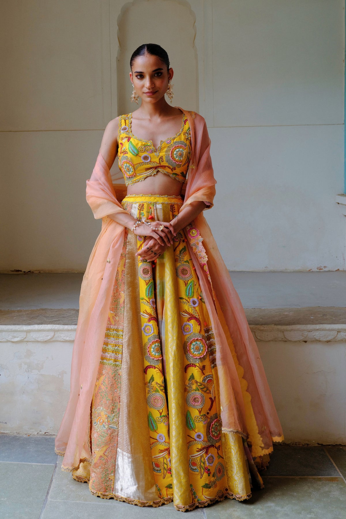 Yellow Floral Silk Lehenga Set