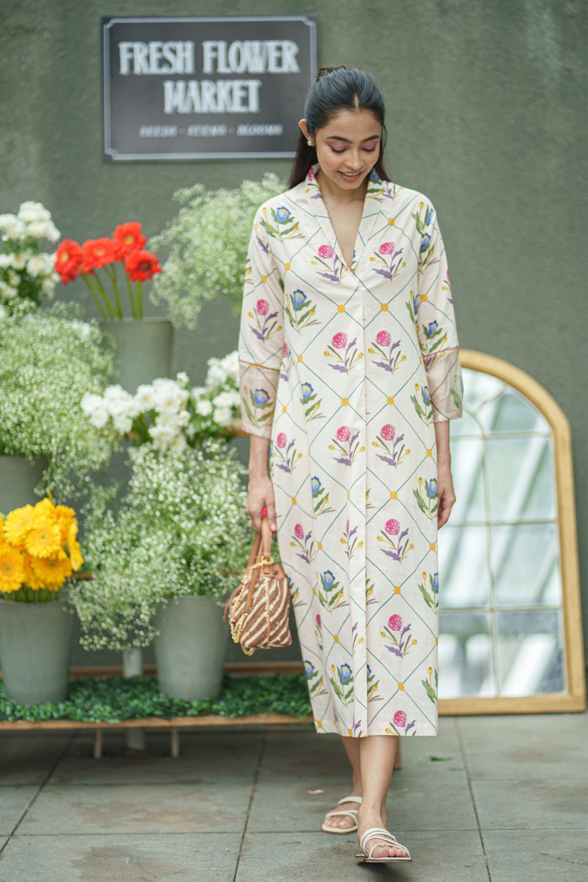 Mogra Cream Geo Dress