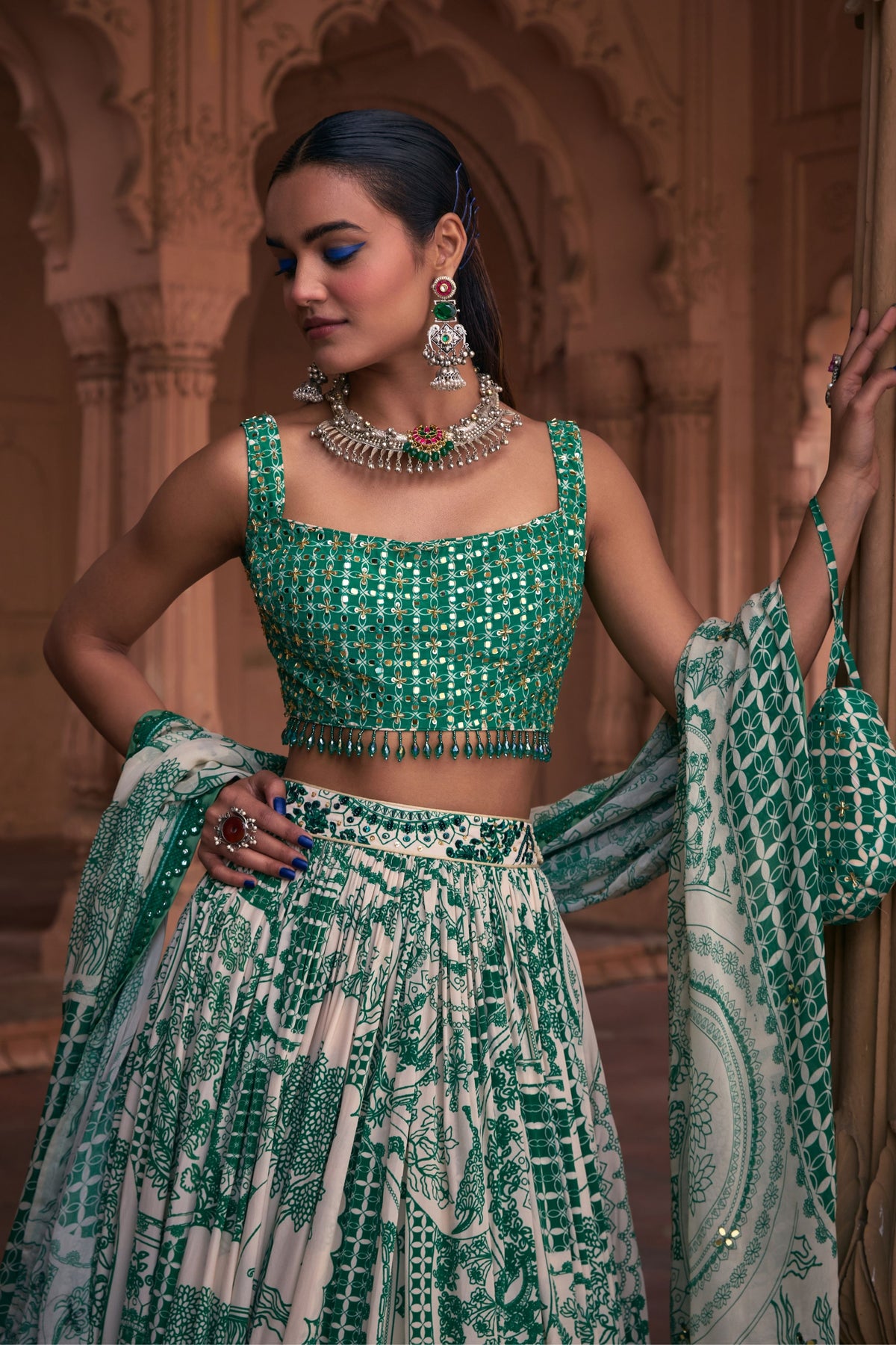 Green Grid Print Lehenga Set