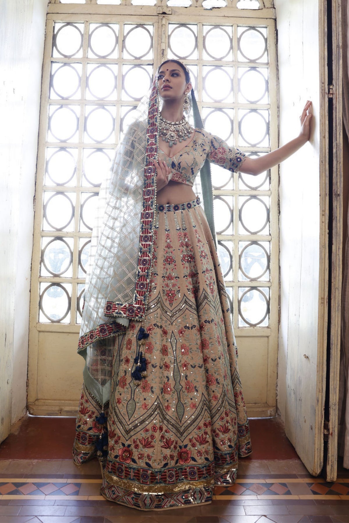 Beige Lehenga with Beige Choli and Sage Dupatta