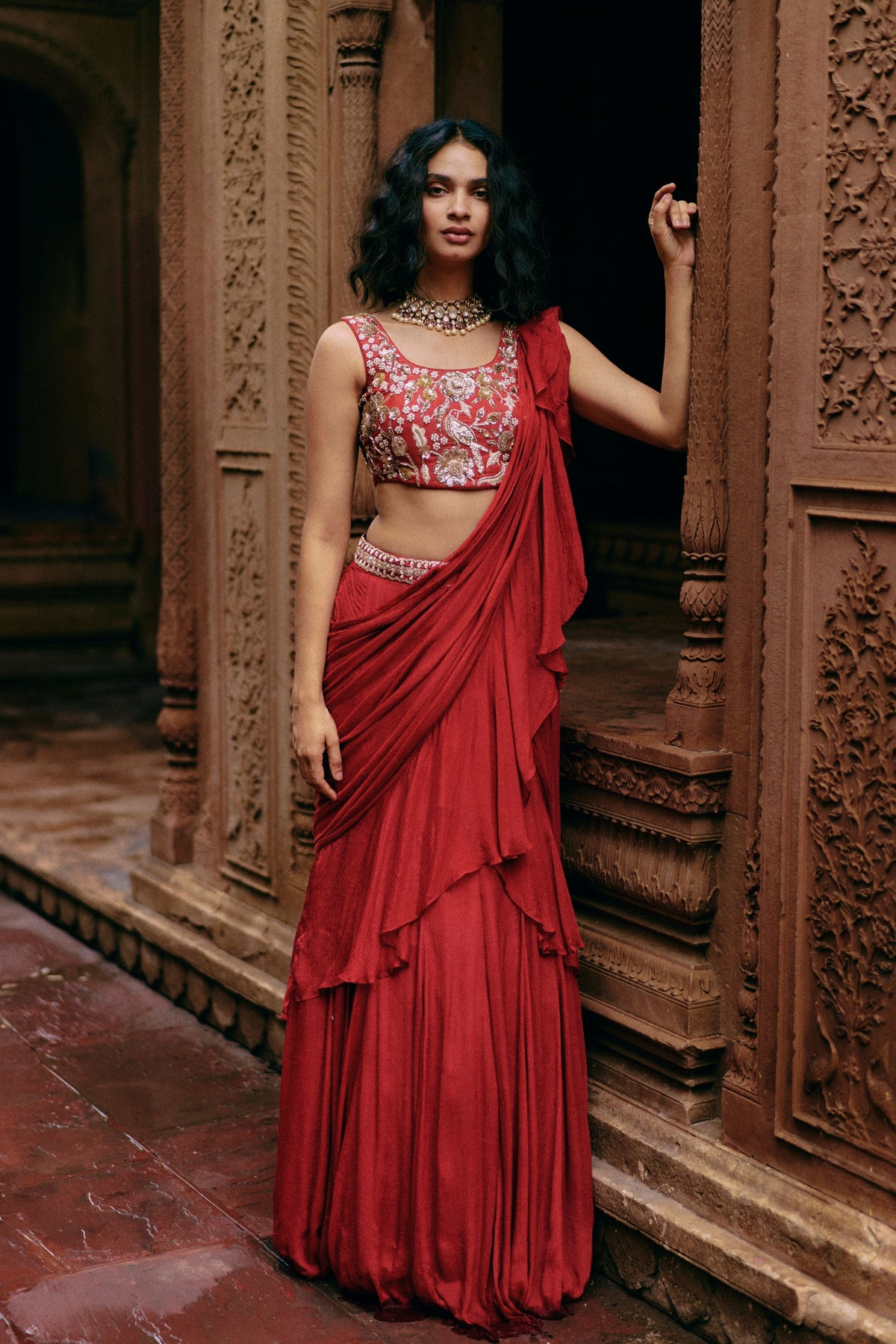 Crimson Red Chiffon Saree Set