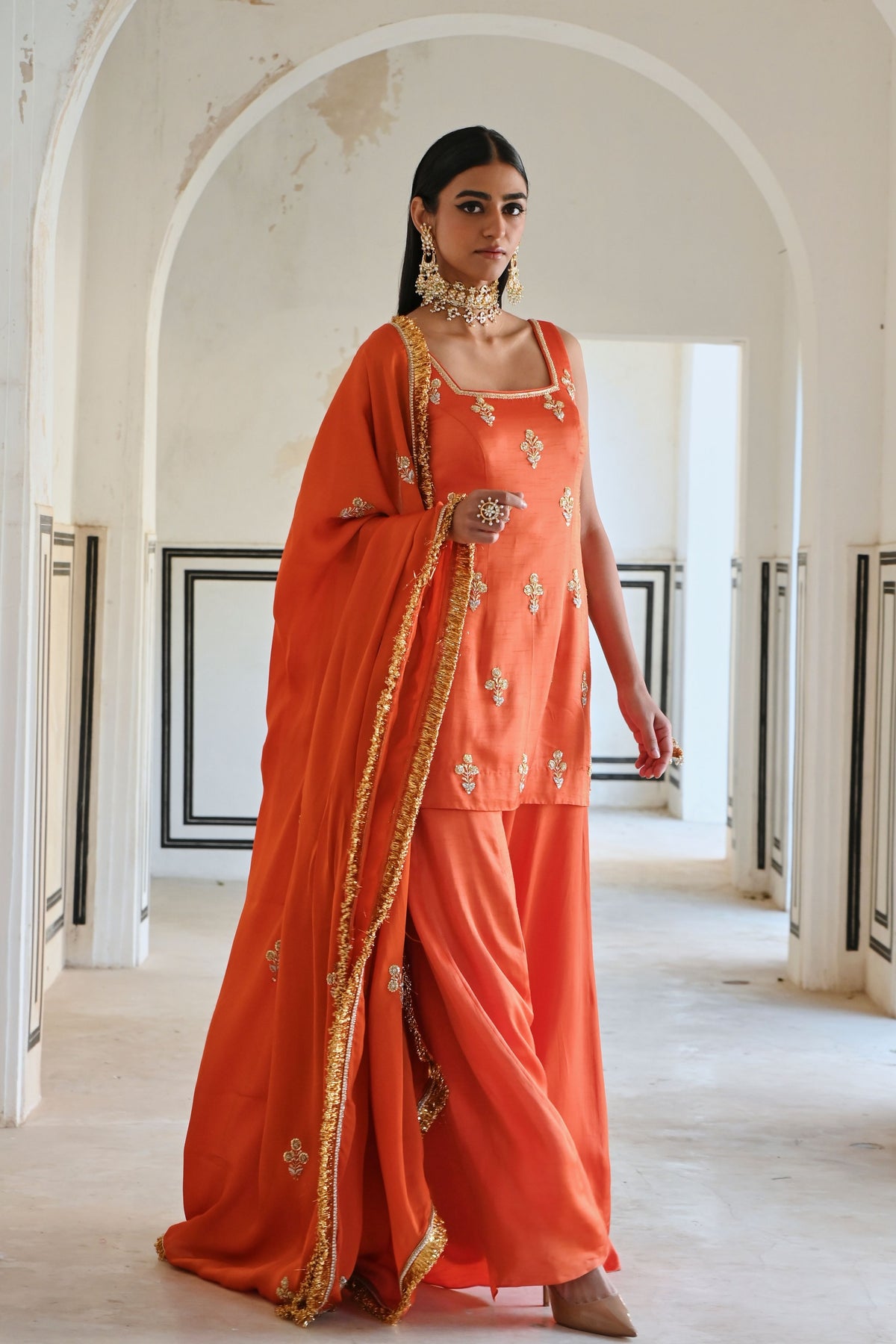 Orange Embroidered Kurta Set