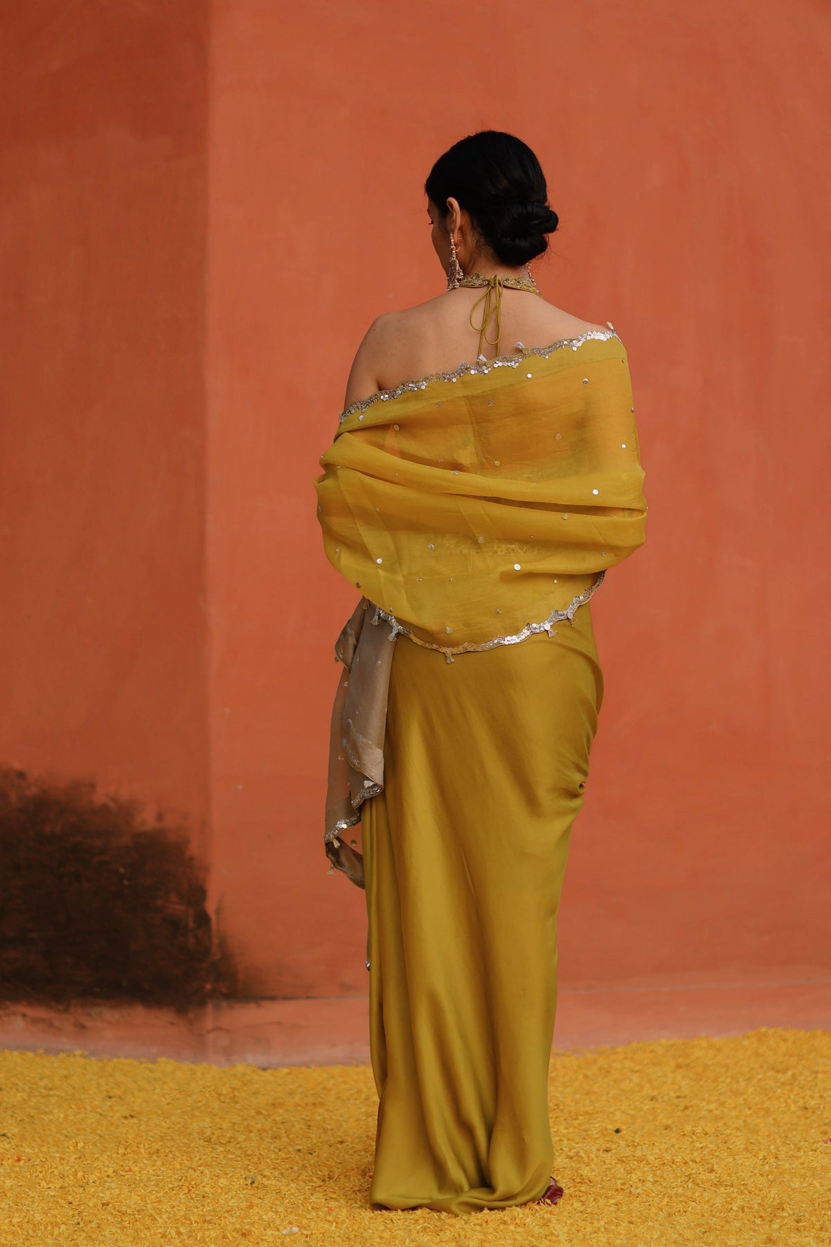 Mustard Kurta With Drape Skirt