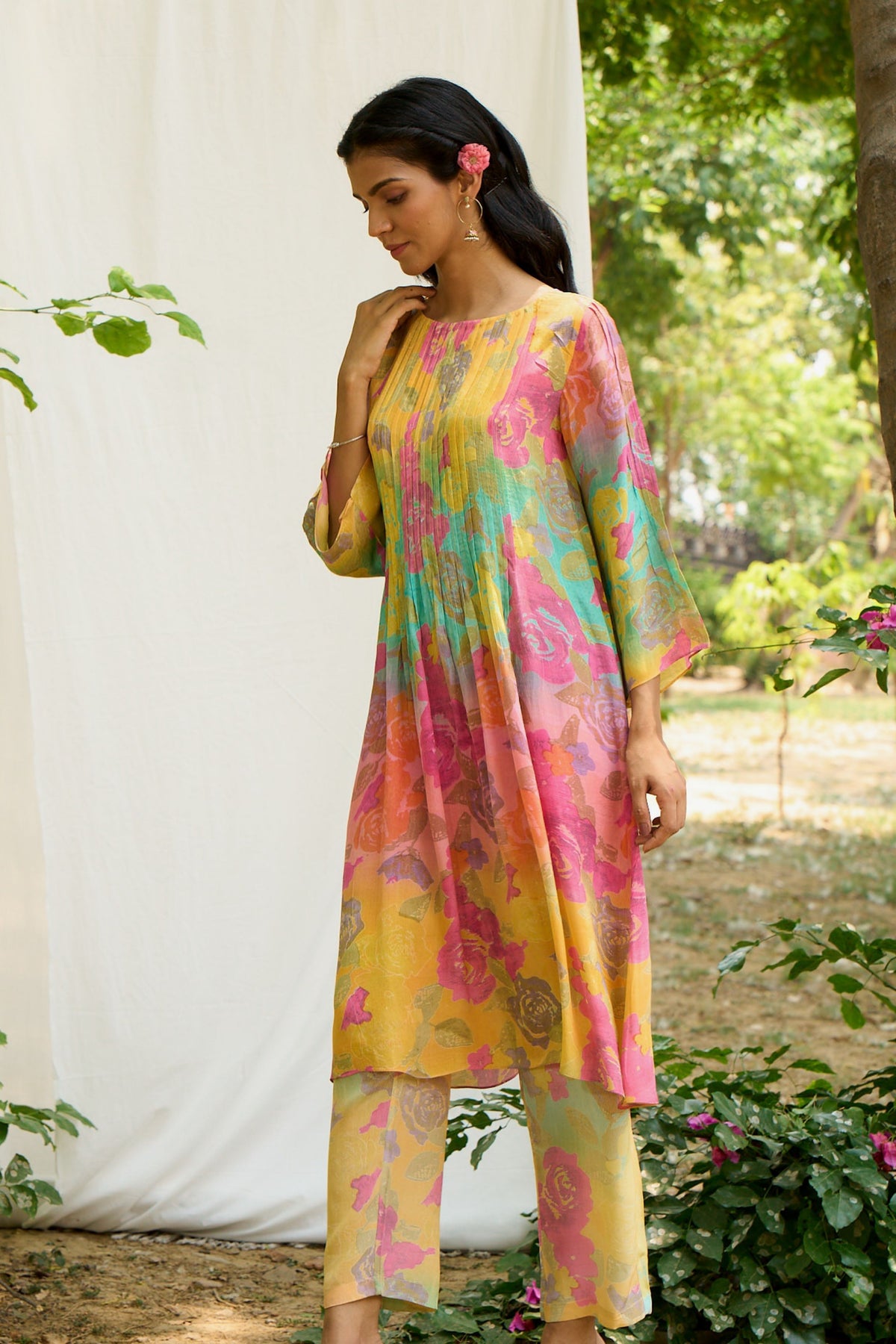 Pleated  Kurta Set With Floral Print