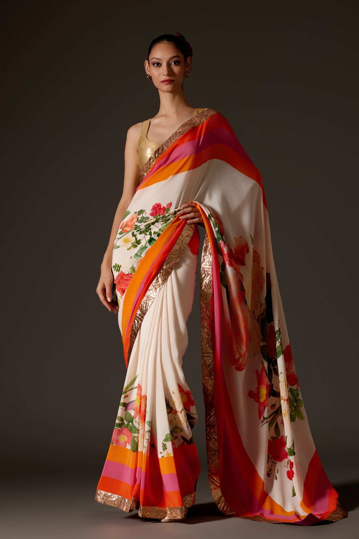 Digital Print Ivory Crepe Saree