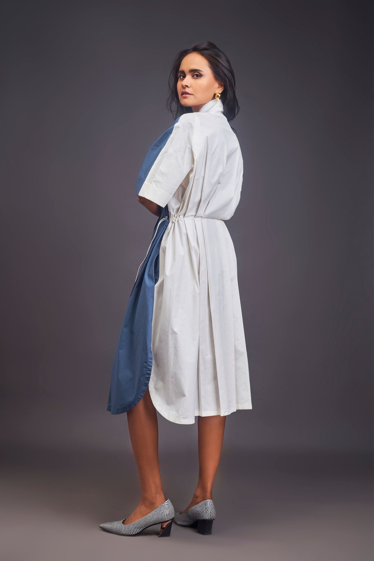 Blue and White Pleated Shirt Dress