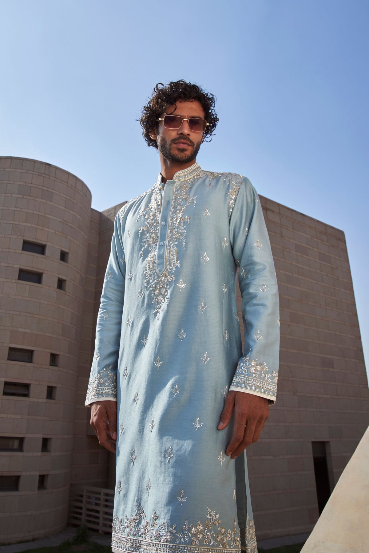 Powder Blue Geometric Creeper Kurta